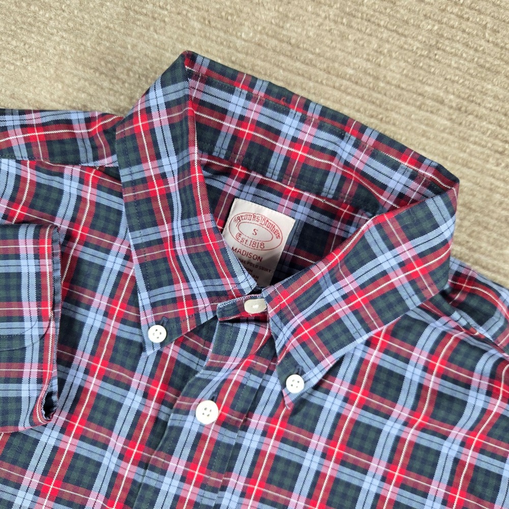 Brooks Brothers Mens S Red Blue Plaid Madison Non-Iron Supima Cotton Button Down